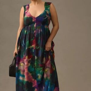BY ANTHROPOLOGIE PRINTED V-NECK PLEATED A-LINE DRESS PLUS SIZE 2X